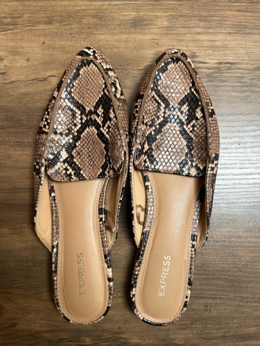 Express Women's Snake-Print Mule Loafers in Brown and Black